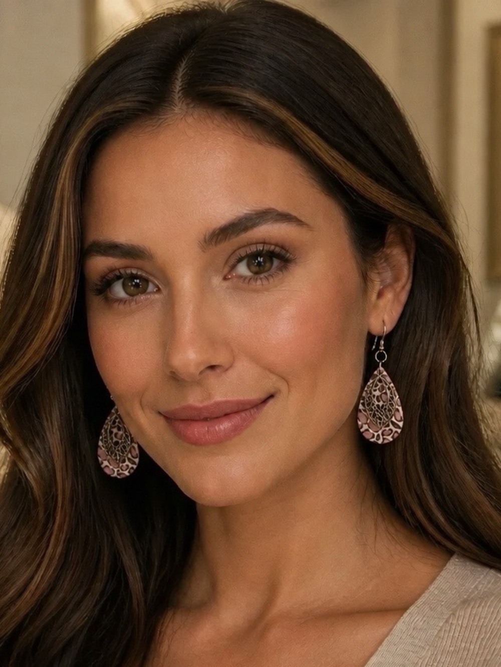 Delicate Pink Cheetah Print Teardrop Filigree Earrings - Women Jewelry